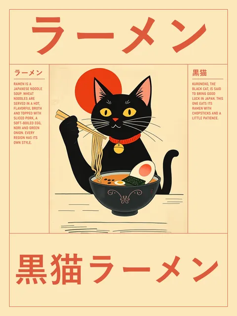 AI-generated poster: a black cat with yellow eyes sits behind a table and lifts noodles from a black ramen bowl with a pair of chopsticks, in front of a red sun on cream paper. Big katakana ラーメン on top, 黒猫ラーメン at the bottom.