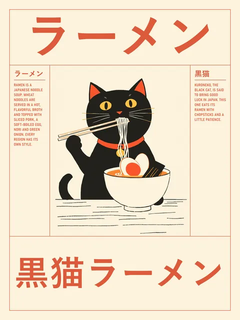 AI-generated poster in black and coral on cream: a black cat holds a pair of chopsticks to its mouth with noodles hanging from them, a white ramen bowl with an egg in front of it. Big katakana ラーメン on top, 黒猫ラーメン at the bottom.
