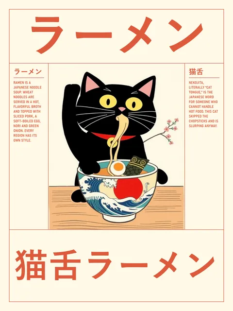AI-generated poster: a black cat with one paw raised slurps a noodle from a ramen bowl painted with a great wave and a red sun, a pink blossom branch behind it. Big katakana ラーメン on top, 猫舌ラーメン at the bottom.