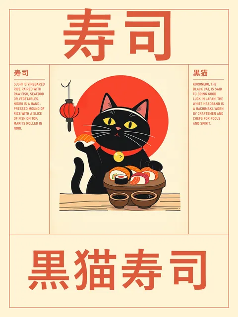 AI-generated poster: a black cat in a white headband holds a piece of salmon nigiri in one paw, a wooden board of sushi and two soy sauce dishes in front of it, a red sun and a red lantern behind. Big kanji 寿司 on top, 黒猫寿司 at the bottom.
