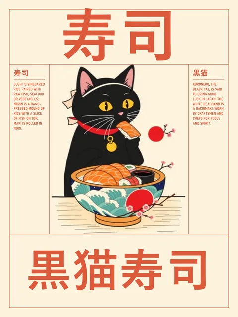 AI-generated poster: a black cat in a headband eats a piece of salmon nigiri above a bowl of sushi painted with waves and a red sun, a sakura branch beside it. Big kanji 寿司 on top, 黒猫寿司 at the bottom.