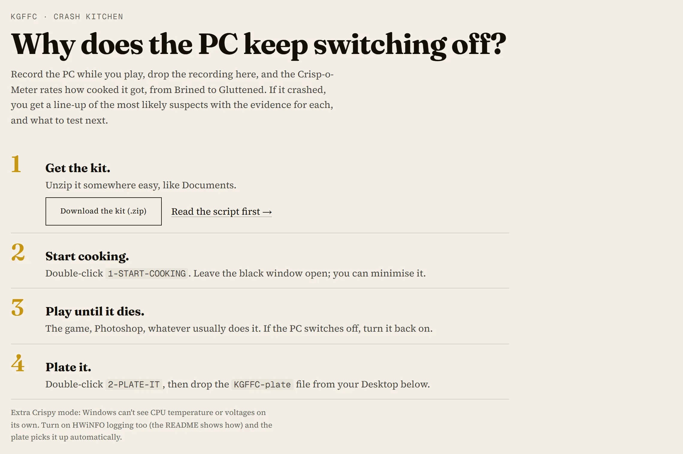 The Crash Kitchen page: 'Why does the PC keep switching off?' with four numbered steps: Get the kit, Start cooking, Play until it dies, Plate it.