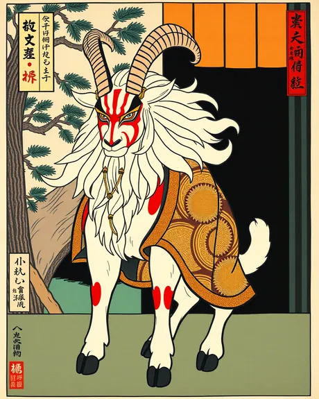 AI-generated woodblock-style print of a white goat with curled horns, red kumadori face paint, a flowing white mane and a gold robe, in front of a pine tree.