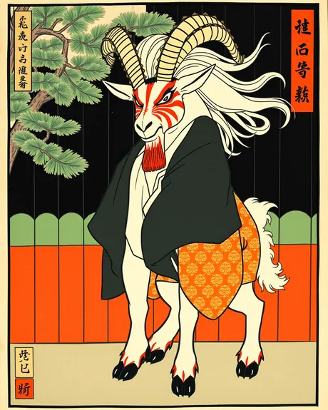 AI-generated woodblock-style print of a white goat with tall ringed horns, red face paint and a red beard, wearing a black coat and an orange patterned robe on a stage.