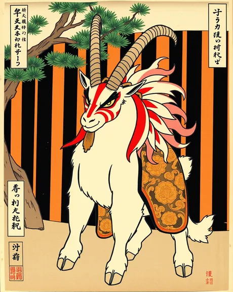 AI-generated woodblock-style print of a goat with long curved horns, red face paint and a red and pink mane, in a gold robe in front of a black and orange striped curtain.