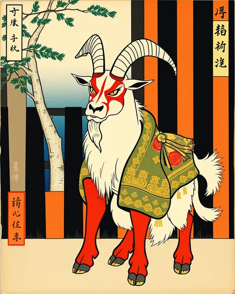 AI-generated woodblock-style print of a bearded white goat with red face paint and red legs, in a green and gold robe, beside a pale tree and a striped curtain.