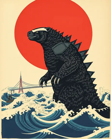 Vintage-style poster: armored honey badger kaiju in front of a red sun, with a red tower and suspension bridge behind choppy blue waves.
