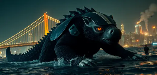 Round 1 draft, take 1: cinematic night render of an armored honey badger kaiju in Tokyo Bay.
