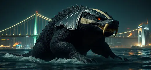 Round 1 draft, take 4: cinematic night render of an armored honey badger kaiju in Tokyo Bay.