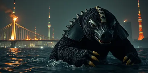 Round 2 draft, take 2: cinematic render of an armored honey badger kaiju with Tokyo landmarks behind it.