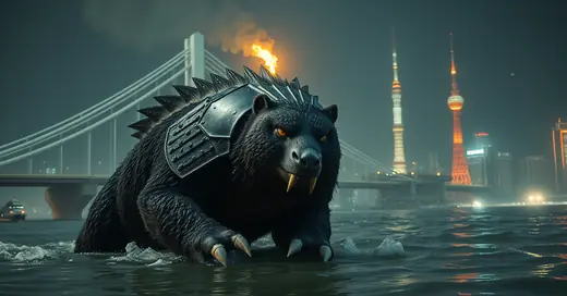 Round 2 draft, take 4: cinematic render of an armored honey badger kaiju with Tokyo landmarks behind it.