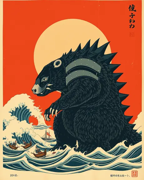 Round 3 draft, vintage paper poster, take 1: armored honey badger kaiju standing in waves in front of a red sun.