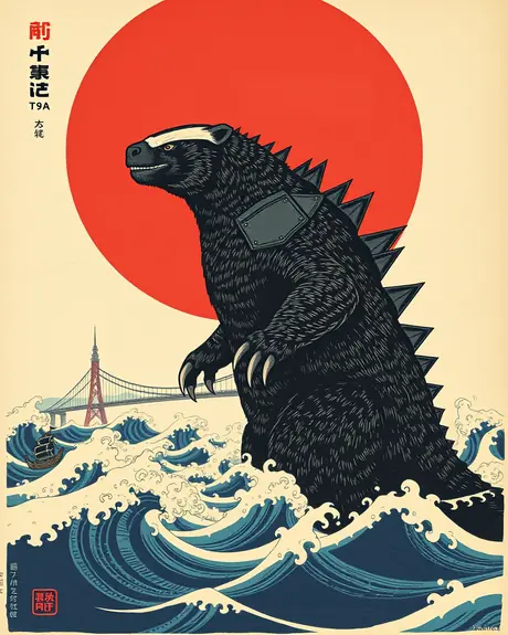Round 3 draft, vintage paper poster, take 2: armored honey badger kaiju standing in waves in front of a red sun.