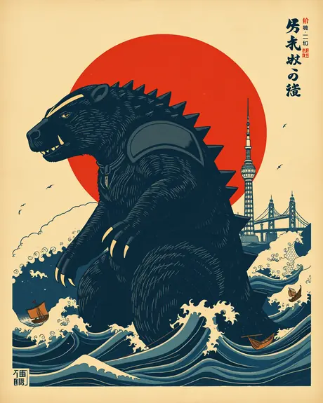 Round 3 draft, vintage paper poster, take 3: armored honey badger kaiju standing in waves in front of a red sun.