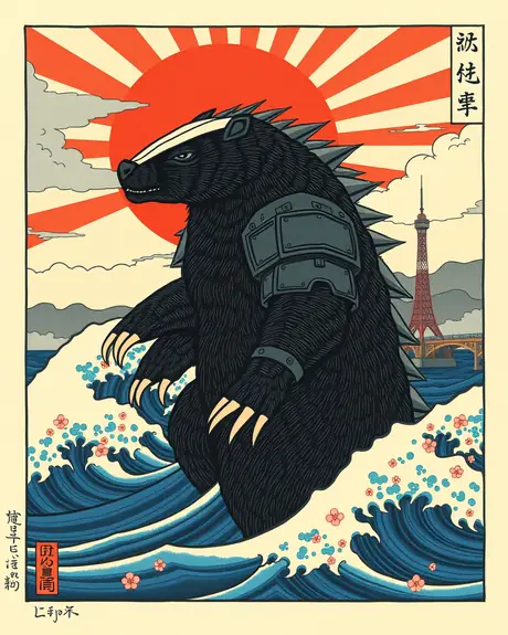 Round 3 draft, ukiyo-e print, take 2: armored honey badger kaiju standing in waves in front of a red sun.