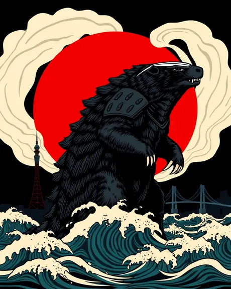 Round 3 draft, bold black and red vector poster, take 2: armored honey badger kaiju standing in waves in front of a red sun.