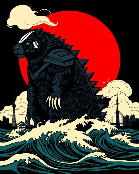 Round 3 draft, bold black and red vector poster, take 4: armored honey badger kaiju standing in waves in front of a red sun.