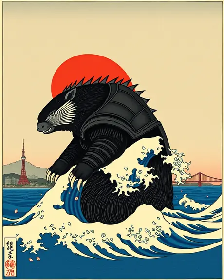 Round 4 draft, ukiyo-e redraw (two-arms prompt), take 1: armored honey badger kaiju in Great Wave style swells.