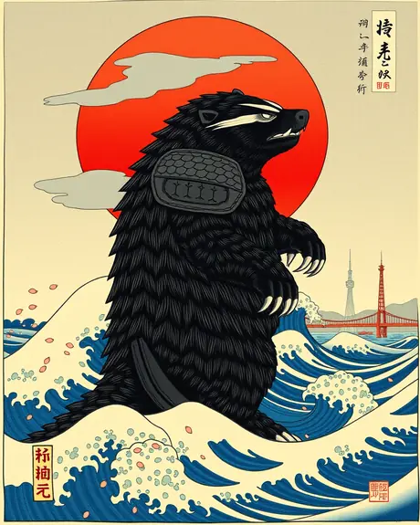 Round 4 draft, ukiyo-e redraw (one-arm prompt), take 1: armored honey badger kaiju in Great Wave style swells.